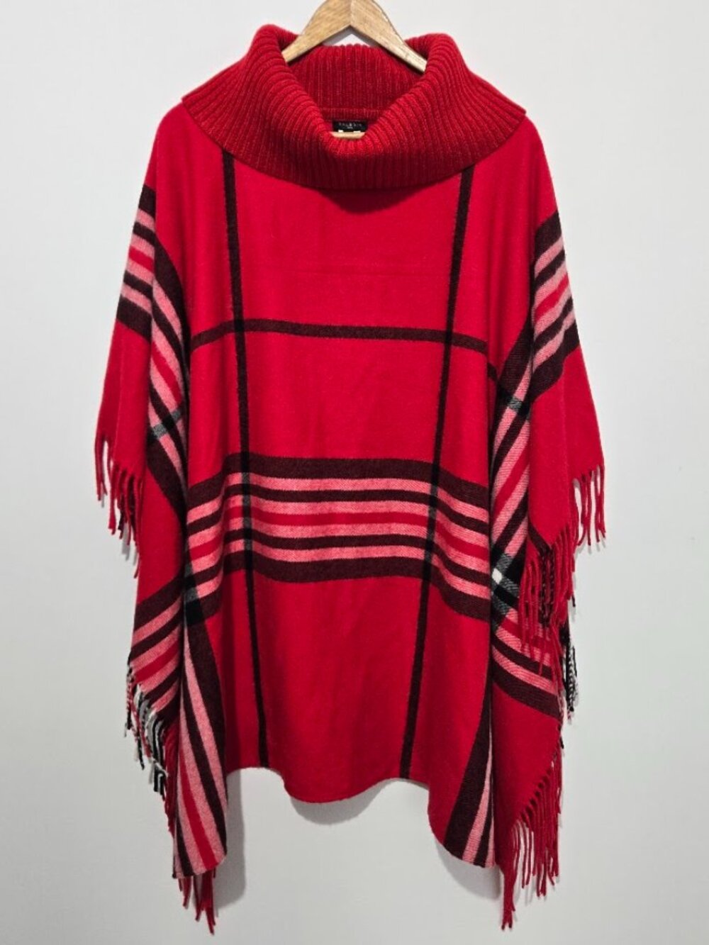 Talbots Red Plaid Poncho Fringe Cape Sweater Sz 1X Winter Wrap Wool Blend Preppy